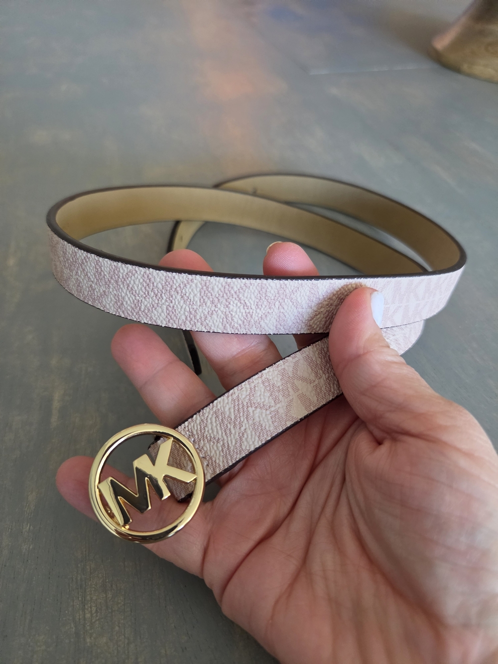 Michael Kors Pale Pink Logo Buckle Belt with Gold MK
